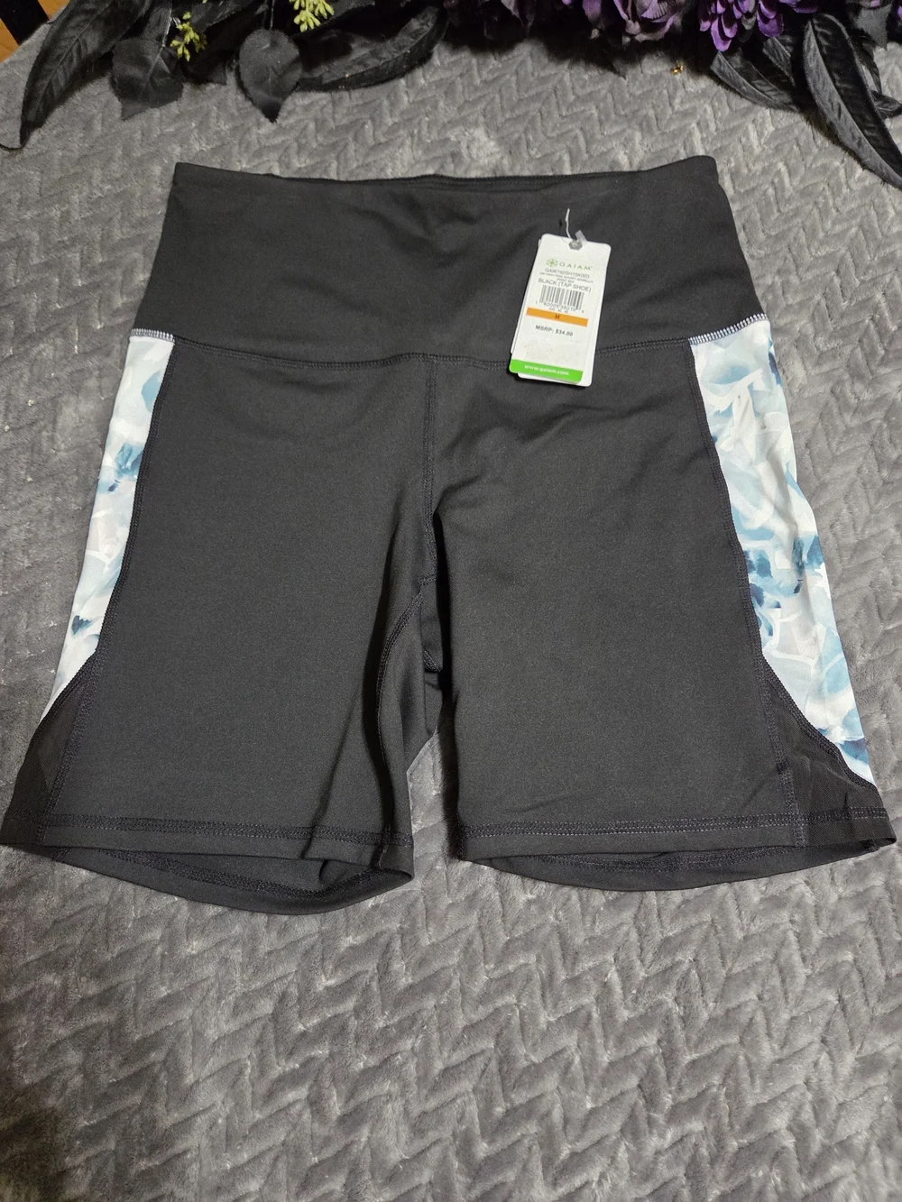 GAIAM Black Bike Shorts with Blue White Floral Side Panels